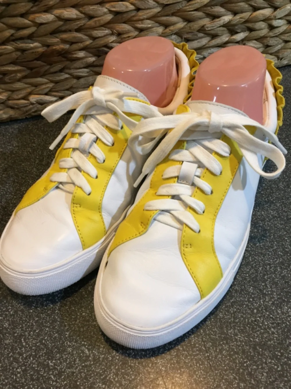 Talbots White and Yellow Leather Ruffle-Back Sneakers